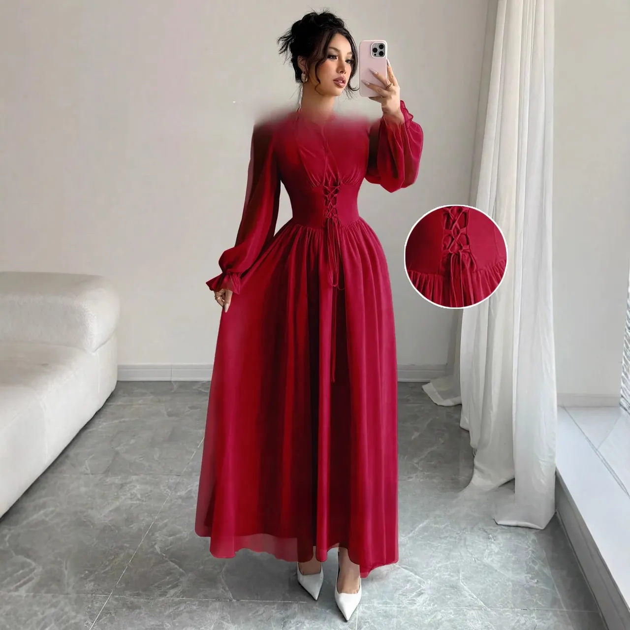 Fashionable Slim-fit Women's Solid Color Dress - Red