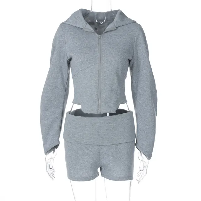 Zipper Long Sleeve Hooded Cardigan Coat Top Shorts Two piece Set Gray - Shop at LoveMi