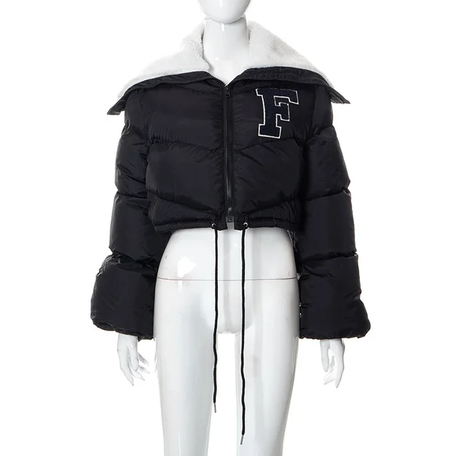 Letter Fur Collar Zipper Drawstring Women's Casual Cotton padded Jacket Top Black - Shop at LoveMi