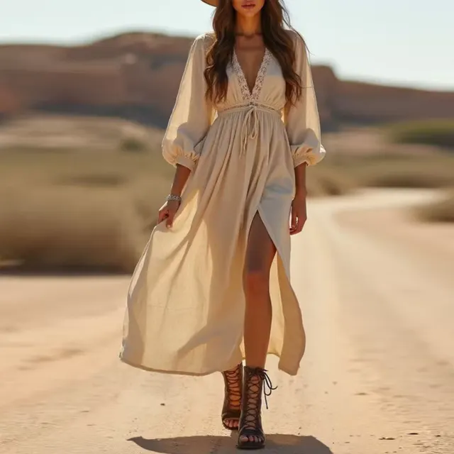 Deep V neck Elegant Split Dress For Women Apricot - Shop at LoveMi