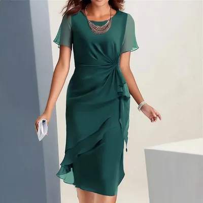 Chiffon Patchwork Round Neck Short Sleeve Dress Green - Shop at LoveMi