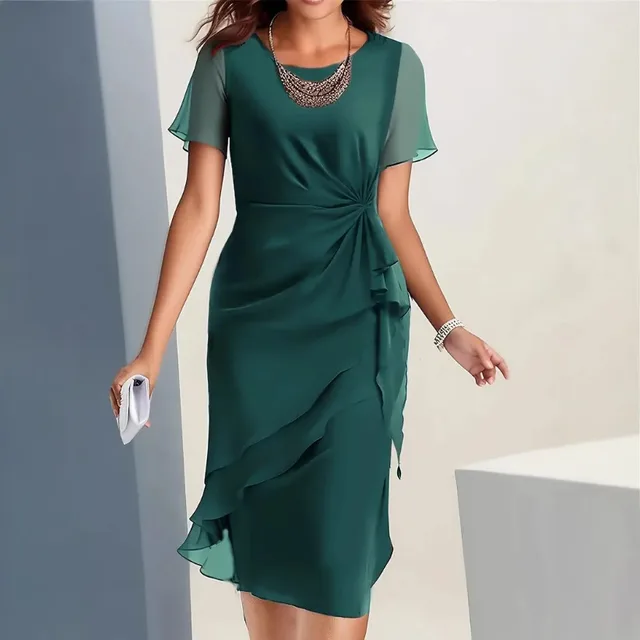 Chiffon Patchwork Round Neck Short Sleeve Dress Green - Shop at LoveMi
