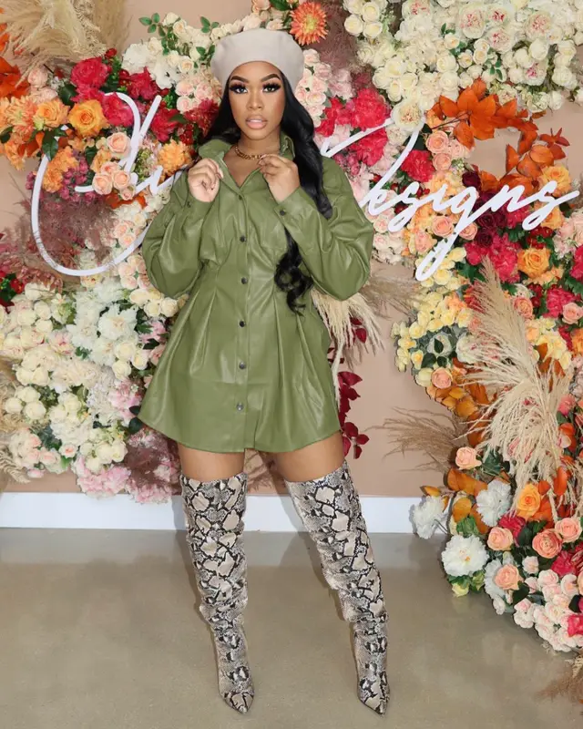 Autumn And Winter Fleece Leather Jacket Street Style Long Coat Army Green - Shop at LoveMi