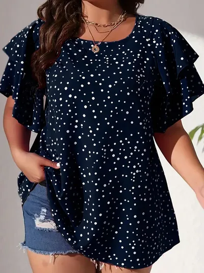 Casual Vacation Style Ruffle Sleeve Polka Dot Pattern Plus Size Loose Top Dark Blue - Shop at LoveMi