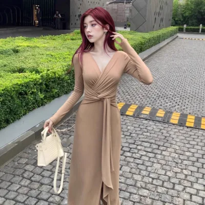 Pure Desire To Twist V neck Long sleeve Dress Women's Clothing Spring And Autumn Khaki - Shop at LoveMi