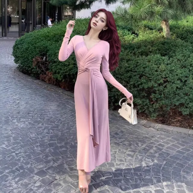 Pure Desire To Twist V neck Long sleeve Dress Women's Clothing Spring And Autumn Pink - Shop at LoveMi