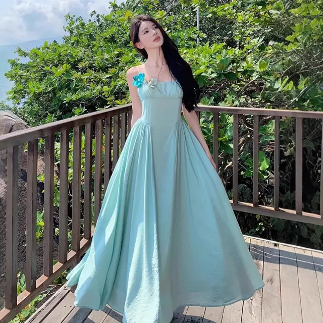 Mint Green Flower Bright Thai Strap Dress For Women - Shop at LoveMi