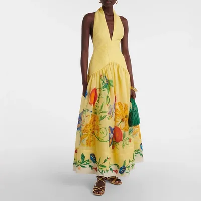 Printed Halter Backless Large Hem Deep V neck Dress For Women Yellow - Shop at LoveMi