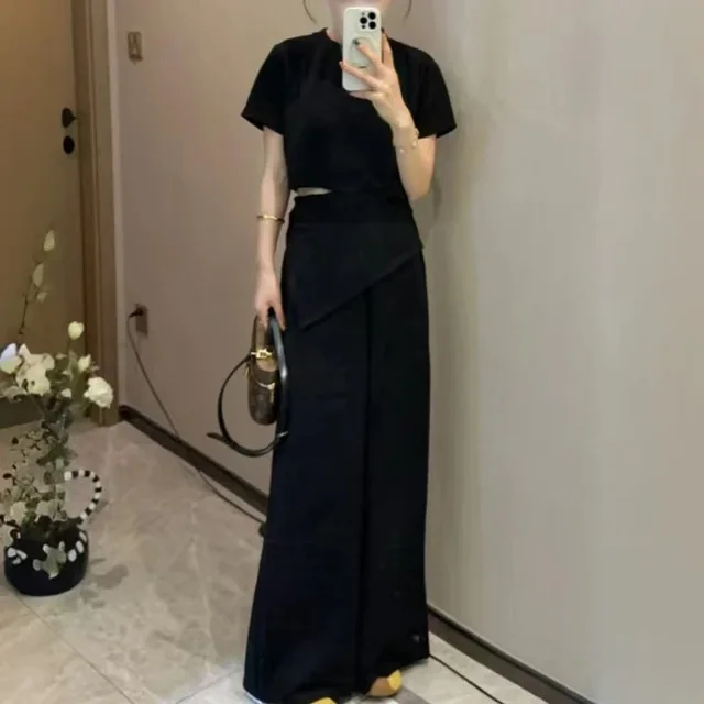 Short Sleeve Bud High Waist Wide Leg Pants Two piece Set Black - Shop at LoveMi