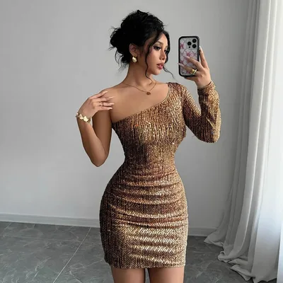 Crossbody Long Sleeve Narrow Sexy Dress Gold Yellow - Shop at LoveMi