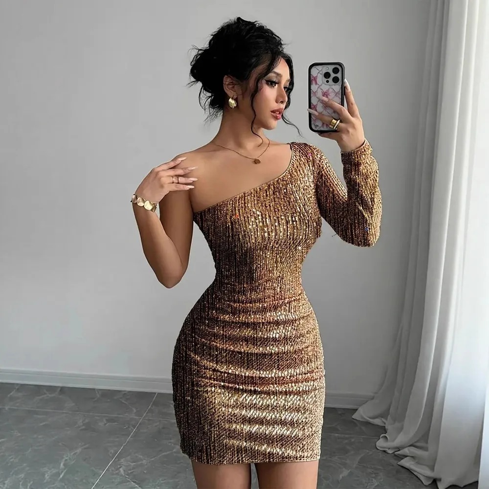 Crossbody Long Sleeve Narrow Sexy Dress Gold - Shop at LoveMi