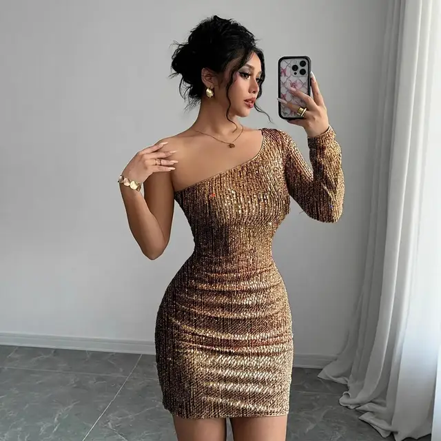 Crossbody Long Sleeve Narrow Sexy Dress Gold Yellow - Shop at LoveMi