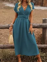 Women's Europe And America Cross Border V-neck Pleated Solid Color Waist Dress - Color 14