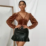 Spring And Summer New European And American V-neck Slim-fit Short Puff Sleeve Cardigan Long Sleeve Top - Brown