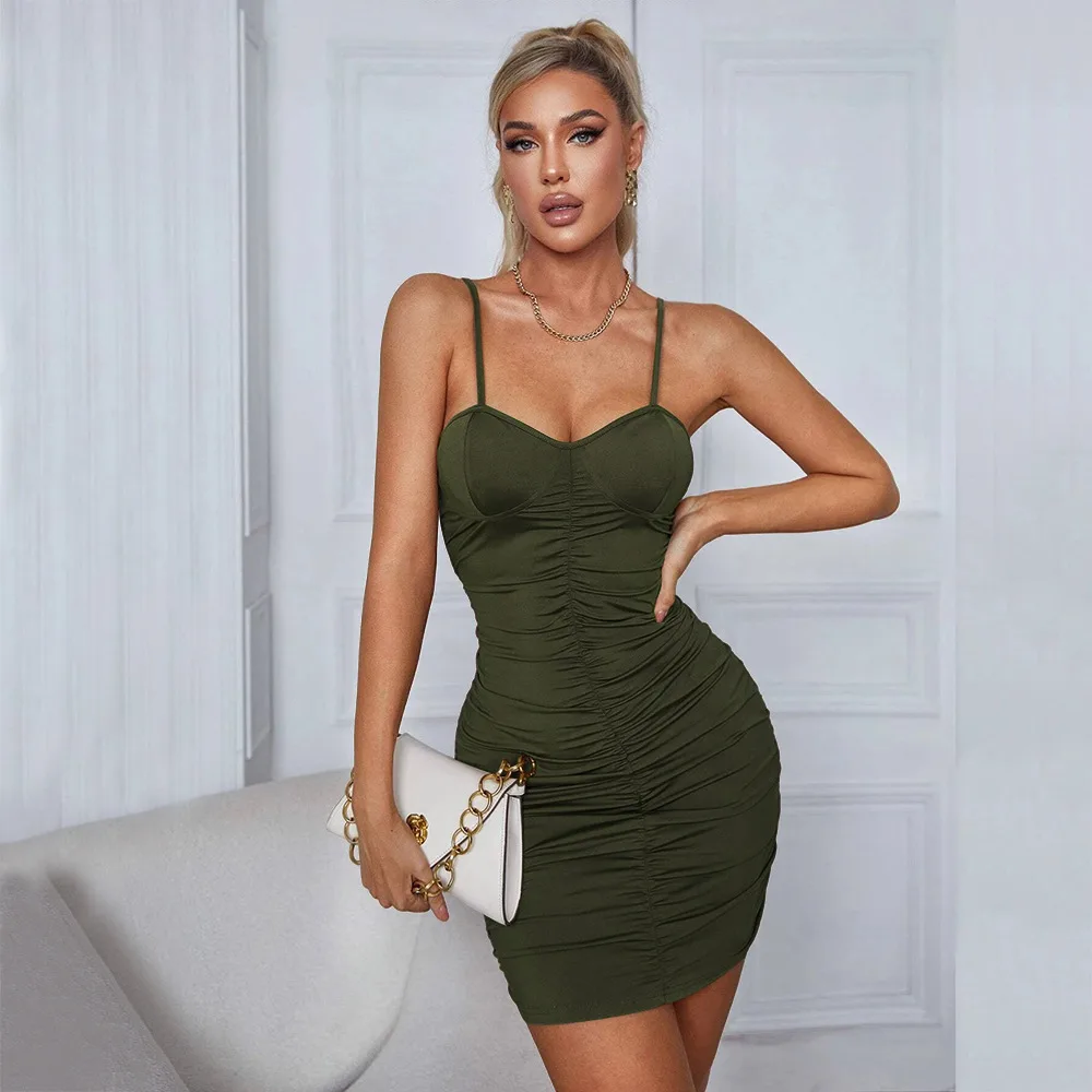 New European And American Sexy Knitted Slim-fit Suspender Dress - Army Green