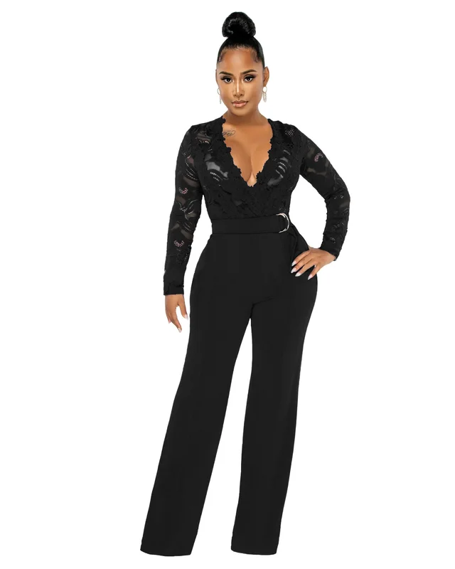 Casual Slim Fit V neck Lace See through Type Jumpsuit S - Shop at LoveMi
