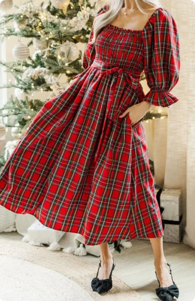 Green Tartan Plaid Square Neck Puff Sleeve Knot Waist Flared Midi Dress Red - Shop at LoveMi