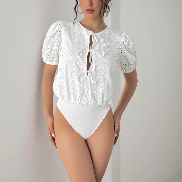 Leisure Vacation Lace up Crew Neck Puff Sleeve White Jumpsuit White - Shop at LoveMi