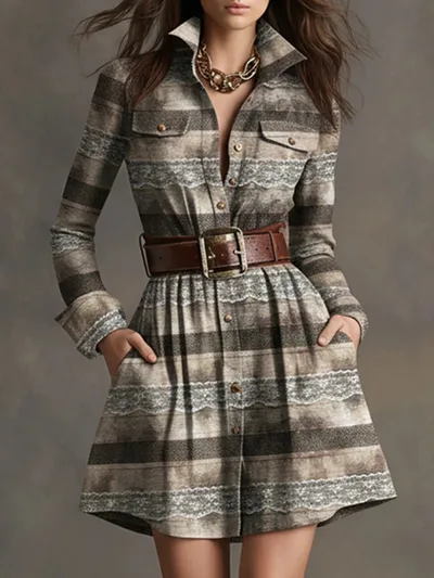 European And American Elegant Plaid Long Sleeve Short Dress Belt Grey - Shop at LoveMi