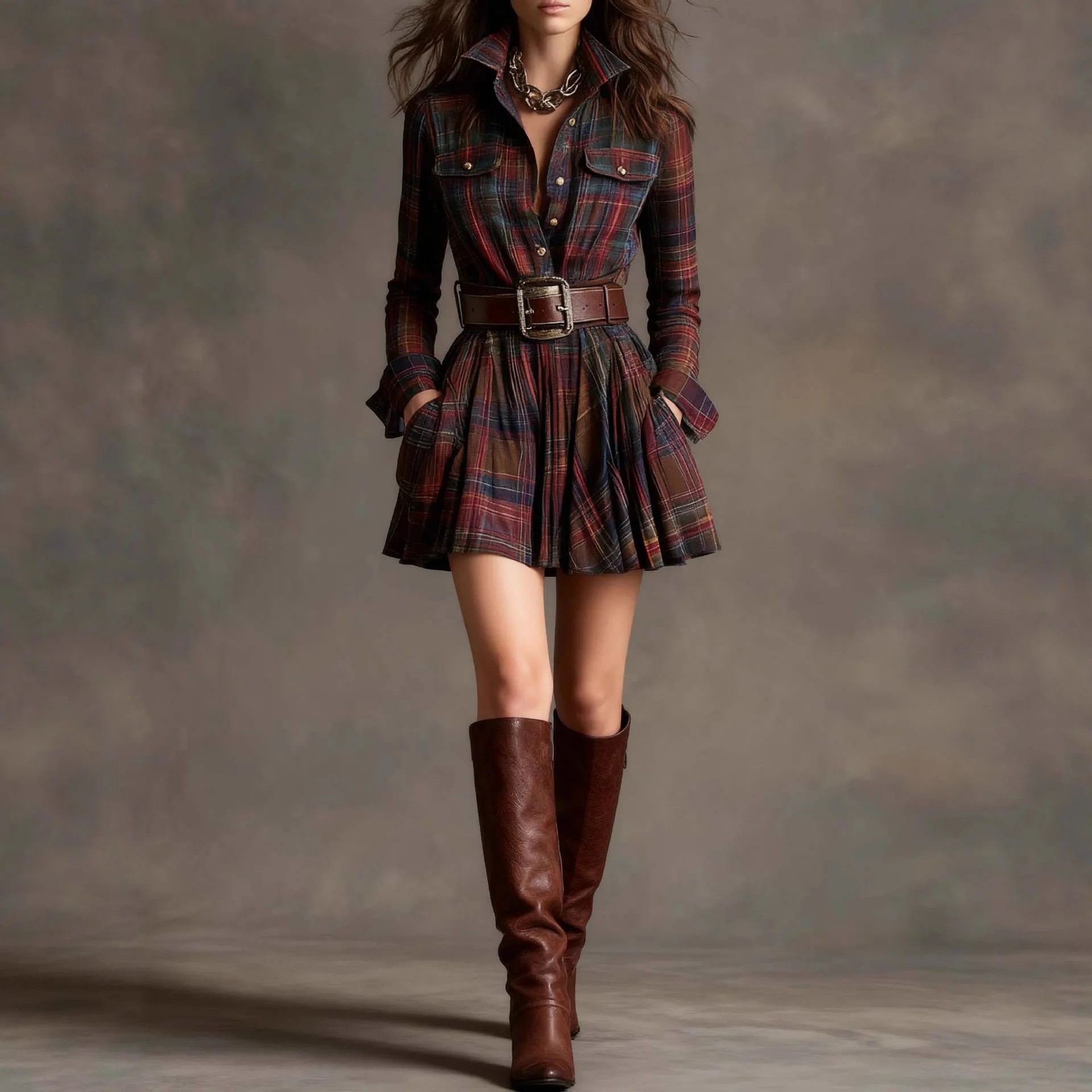 European And American Elegant Plaid Long Sleeve Short Dress Belt - Plaid