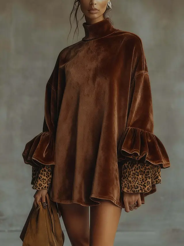 Autumn And Winter New Gold Velvet With Leopard Print Turtleneck Dress Brown - Shop at LoveMi