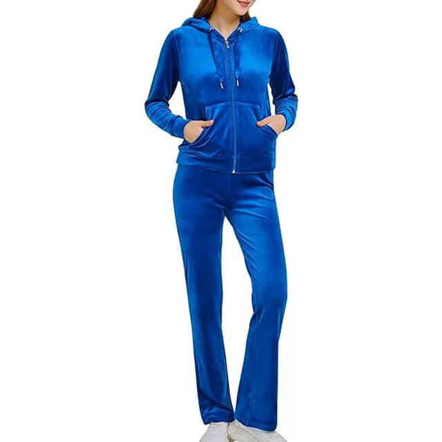 Gold Velvet Zipper Solid Color Hooded Sweater Wide Leg Pants Two piece Set Blue - Shop at LoveMi