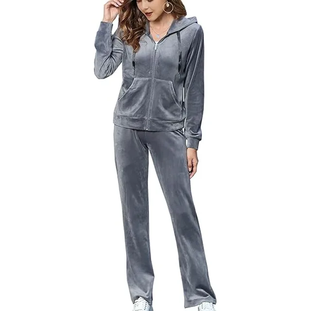 Gold Velvet Zipper Solid Color Hooded Sweater Wide Leg Pants Two piece Set Gray - Shop at LoveMi