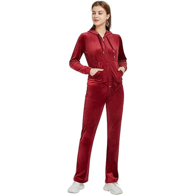 Gold Velvet Zipper Solid Color Hooded Sweater Wide Leg Pants Two piece Set Wine Red - Shop at LoveMi