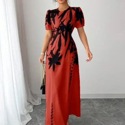 Printed Round neck Puffed Sleeve Waist cinching Dress Red - Shop at LoveMi