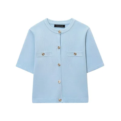 Polyester Women's Spring And Autumn Round Neck Knitted Cardigan Top Blue - Shop at LoveMi