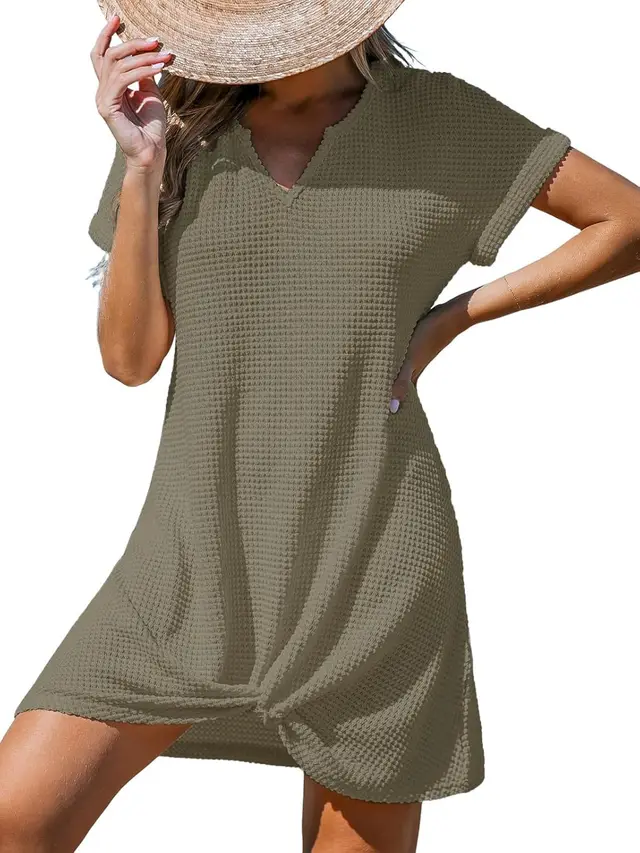 Polyester Women's Springsummer Beach V neck Knot Blouse Dress Army Green - Shop at LoveMi
