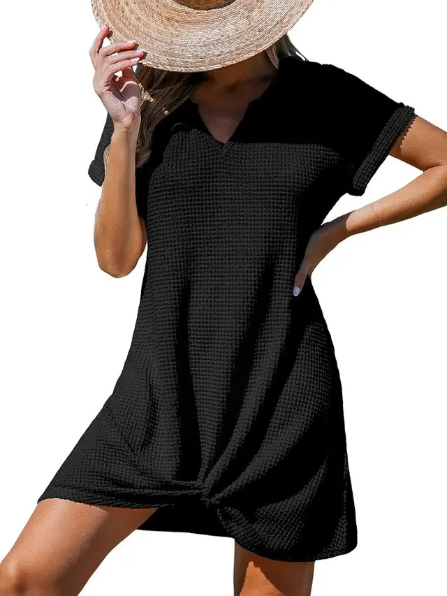 Polyester Women's Springsummer Beach V neck Knot Blouse Dress Black - Shop at LoveMi