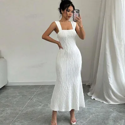 Striped Sexy Square Collar Sling Backless Long Dress White - Shop at LoveMi