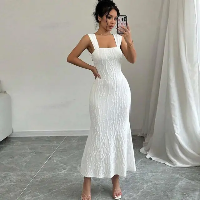 Striped Sexy Square Collar Sling Backless Long Dress White - Shop at LoveMi
