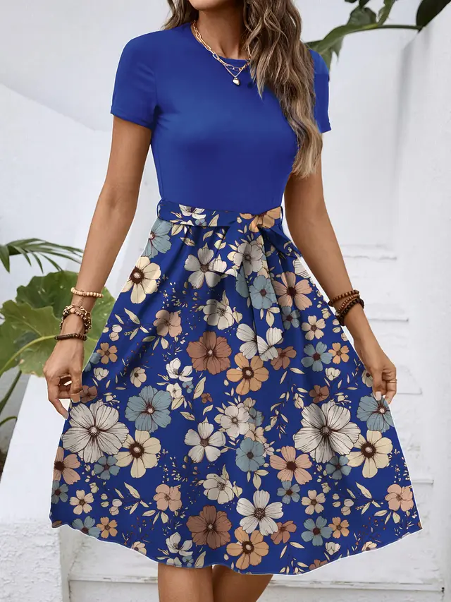 Fashion Trendy Grace Round Neck Hand painted Flowers Printed Mid length Dress Blue - Shop at LoveMi