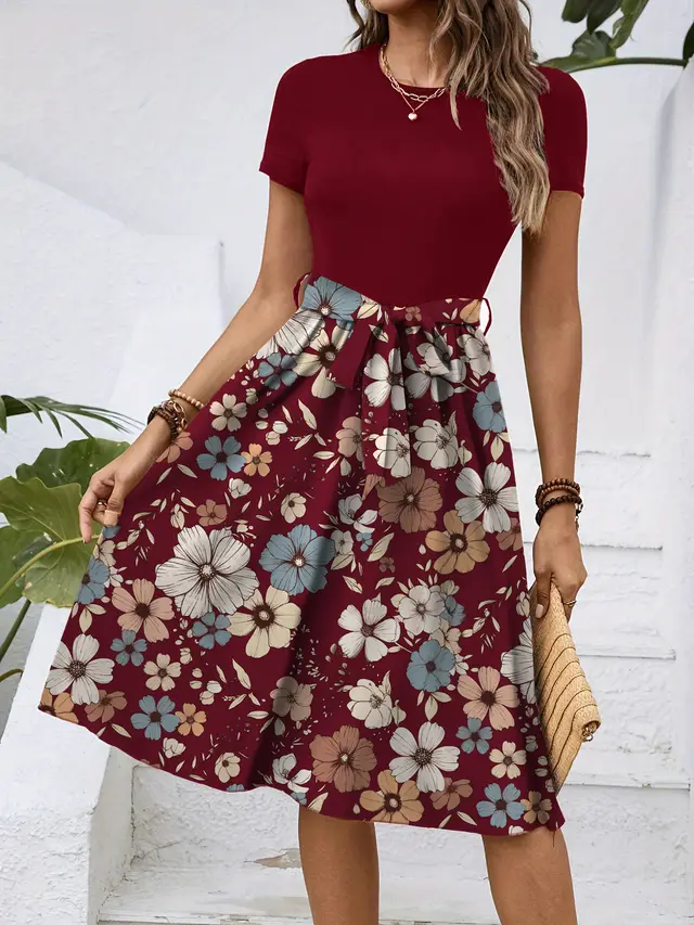 Fashion Trendy Grace Round Neck Hand painted Flowers Printed Mid length Dress Wine Red - Shop at LoveMi