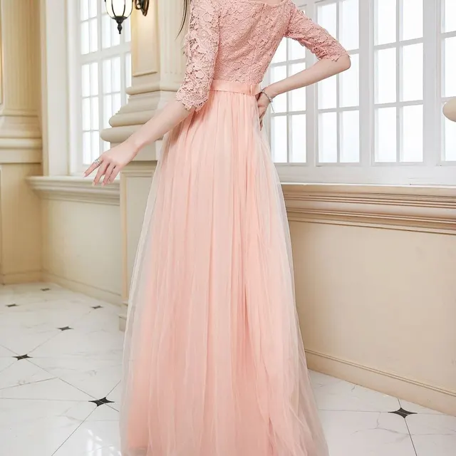 European And American V neck Lace Off Shoulder Princess Dress Pink - Shop at LoveMi