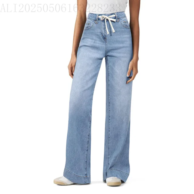 High Waist Elastic Straight Loose Drawstring Denim Trousers Sky Blue - Shop at LoveMi