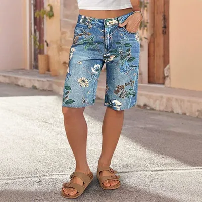 Women's Printed Denim Spring And Autumn Straight Wide leg Pants Blue - Shop at LoveMi