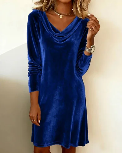 Elegant Solid Color Swing Collar Long Sleeved Velvet Dress Temperament Gentle Skirts For Women Cocktail Party Formal Dresses Blue - Shop at LoveMi
