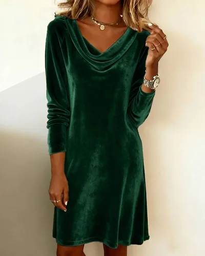 Elegant Solid Color Swing Collar Long Sleeved Velvet Dress Temperament Gentle Skirts For Women Cocktail Party Formal Dresses Green - Shop at LoveMi