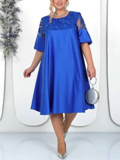 Embroidered Solid Color Patchwork Round Neck Lantern Sleeve Temperament Leisure Dress Blue - Shop at LoveMi