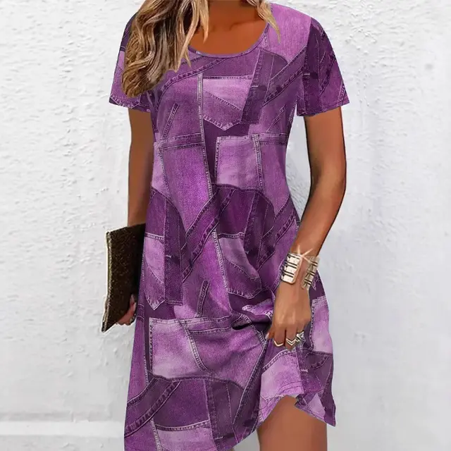Casual Spring And Summer Digital Printing Loose Dress Purple - Shop at LoveMi