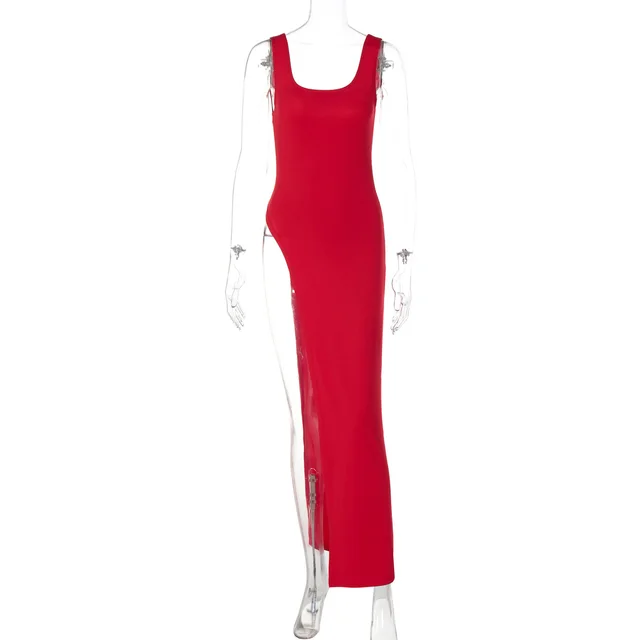 Street Snap Personality Slim Fit Slit Shoulder Strap Dress Red - Shop at LoveMi