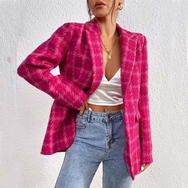 European And American Elegant Plaid Coat Mid length Rose Red - Shop at LoveMi