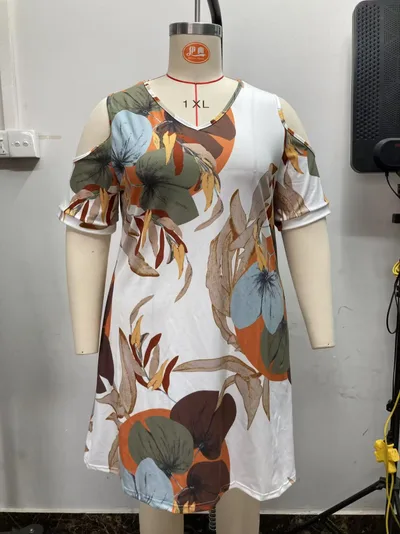 Off the shoulder V neck Plant Print Dress White - Shop at LoveMi