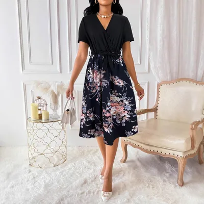 V neck Short Sleeve Belted Skirt Floral Print Dress Black - Shop at LoveMi