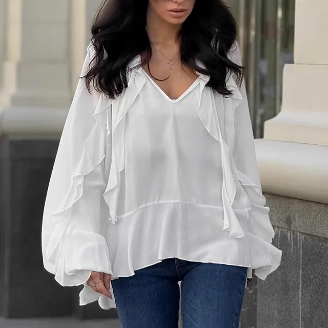 Women's Simple Layered Ruffled V neck White Shirt White - Shop at LoveMi