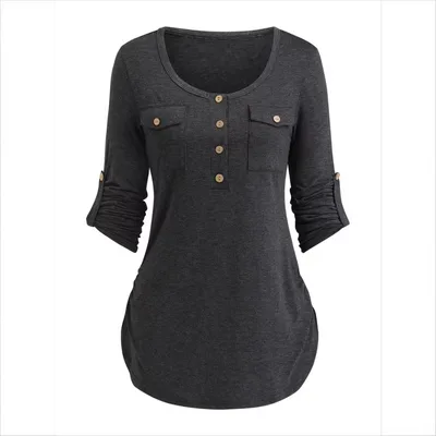 Solid Color Round Neck Long Sleeve Button Casual Beautiful Shirt Cute Gray - Shop at LoveMi