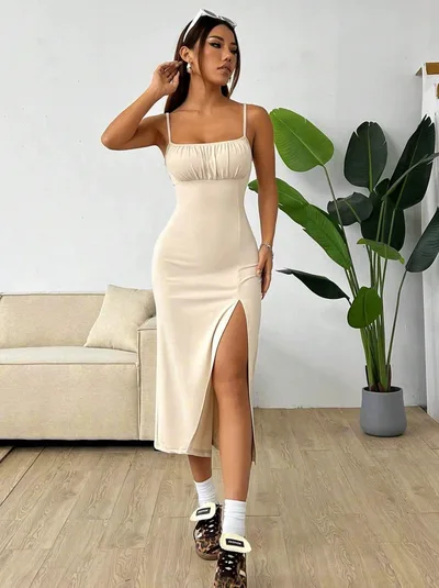 Spaghetti Straps Chest Wrap Slit Sheath Women's Dress Apricot - Shop at LoveMi